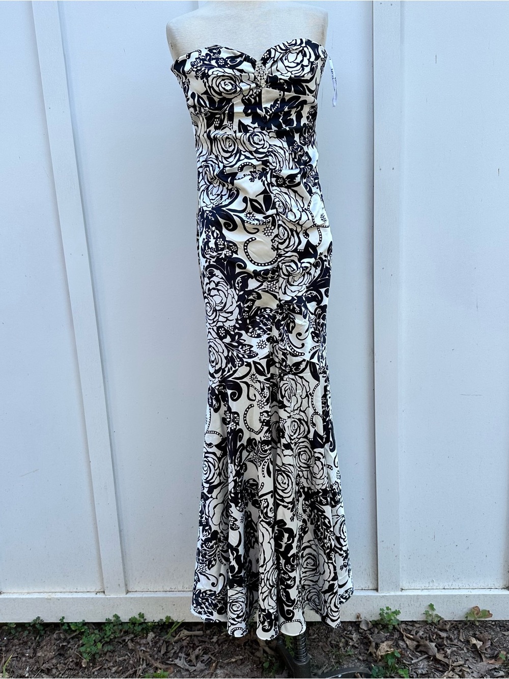 Xscape Strapless Black and White Floral Maxi Gown